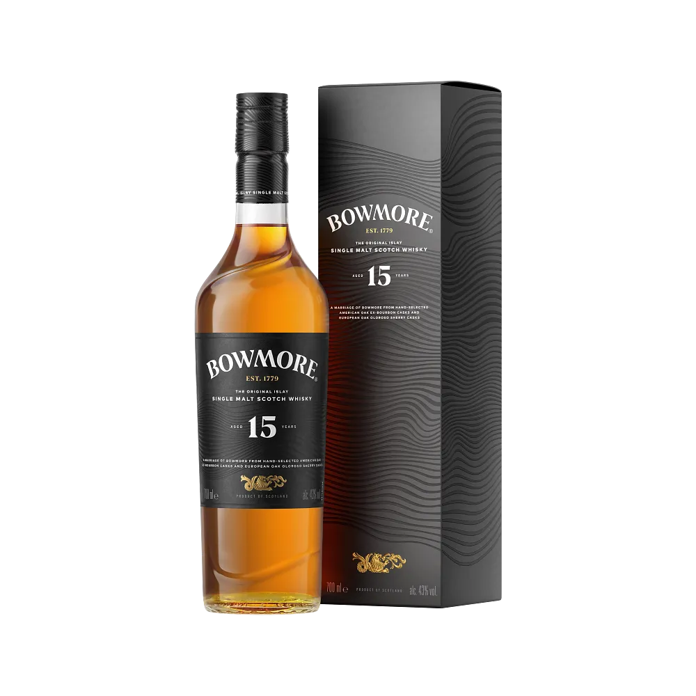Bowmore-15-Year-Old-Core-Bottle-with-Box-at-Side-View product-carousel-card__bg-image lazyload bottle from Bowmore Distillery