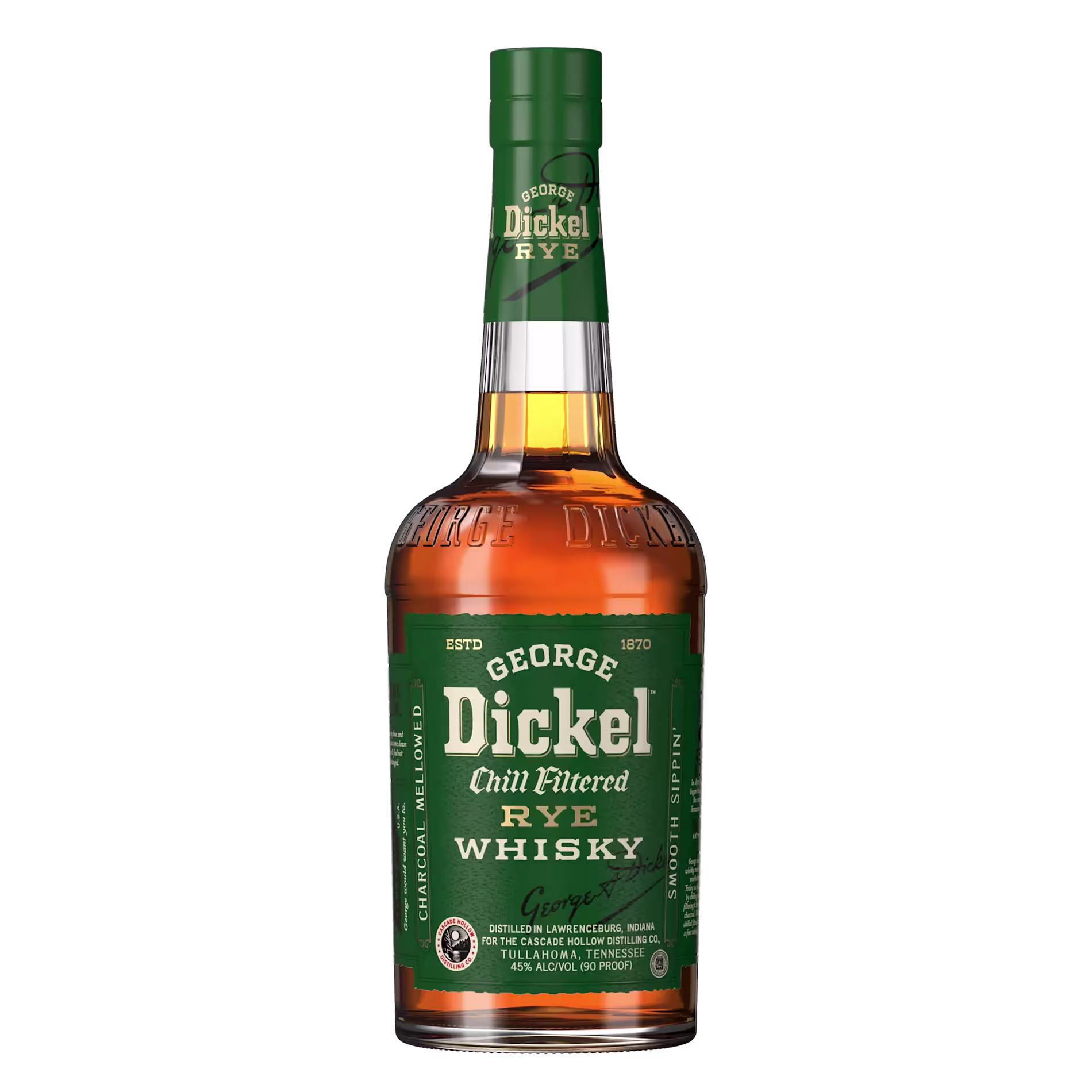 A bottle of George Dickel Chill Filtered Rye Whisky with a green label and cap, containing 750ml and 45% alcohol by volume. size-full object-cover md:object-center bottle from Cascade Hollow Distilling Co.