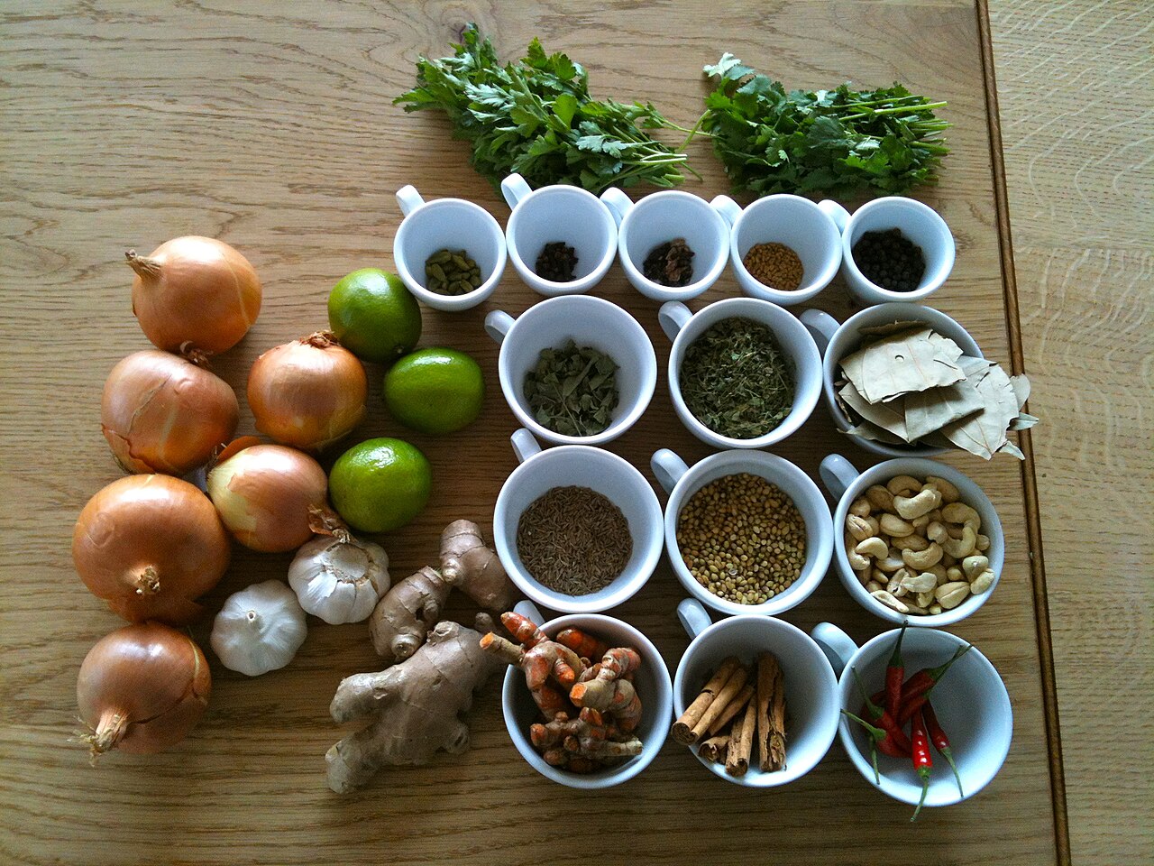 Fresh herbs, citrus, roots and dried spices arranged together